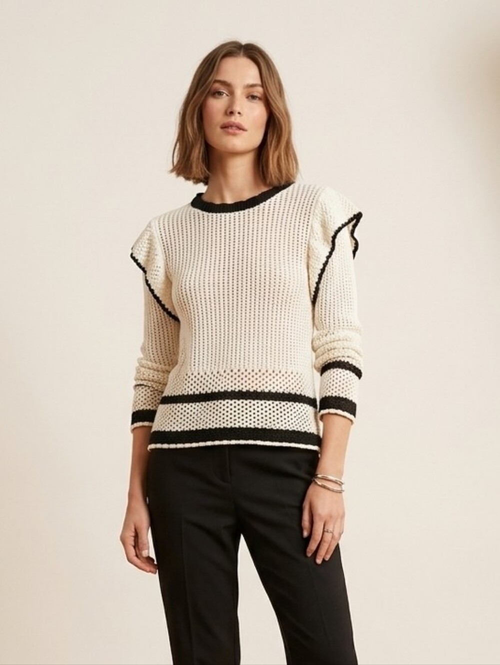 Fate Cream Open Knit Ruffle Shoulder Long Sleeve Sweater Black Trim XL